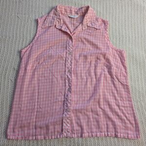 VTG SEARS Top Pink Plaid Button Down Sheer Sleeveless Shirt Women's XL Sheer